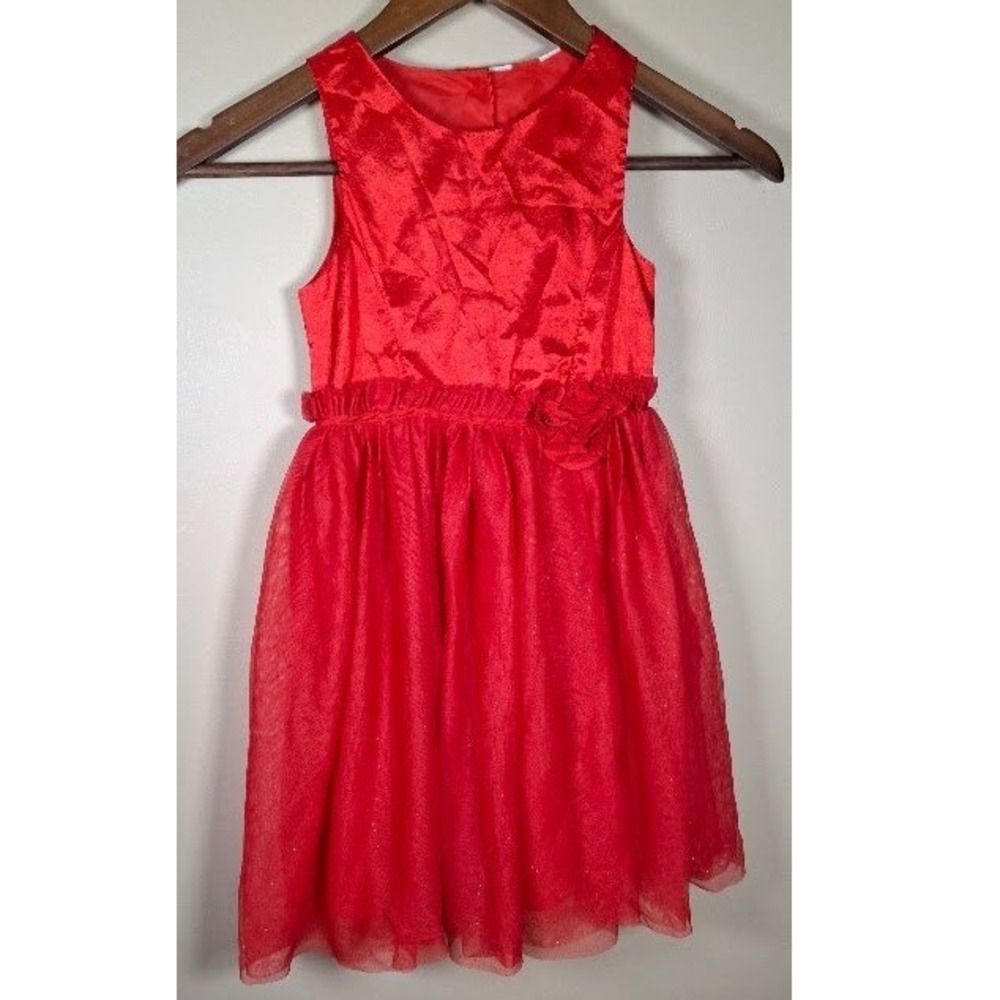 H&M Girls Red Glitter Tulle Rosette Party Dress Sleeveless Holiday Formal 6-7Y